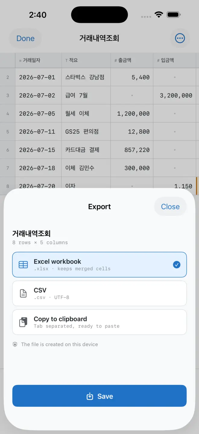 The export sheet, offering an Excel workbook (.xlsx), CSV, or copy to clipboard, with a Save button below.